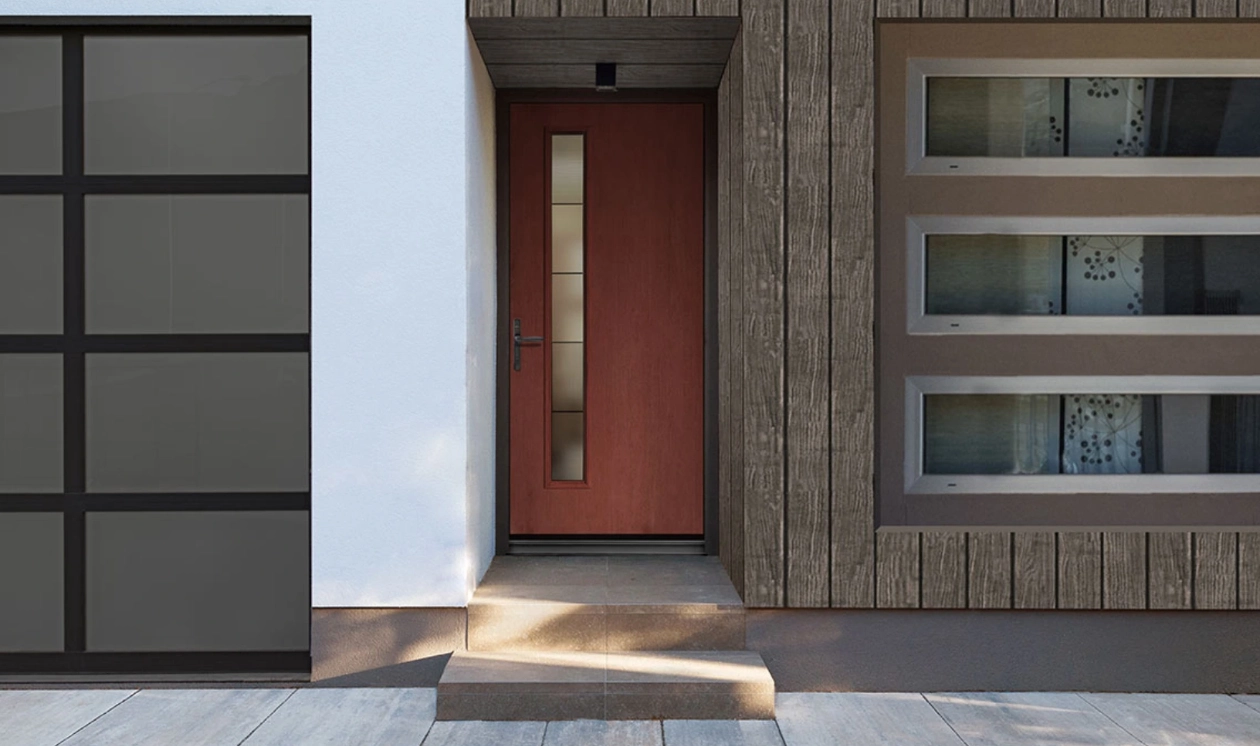 Residential front entry door installed on a single-family home