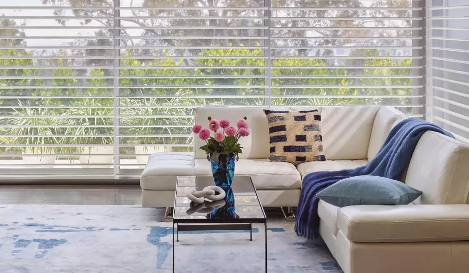 Custom white window blinds in modern living room